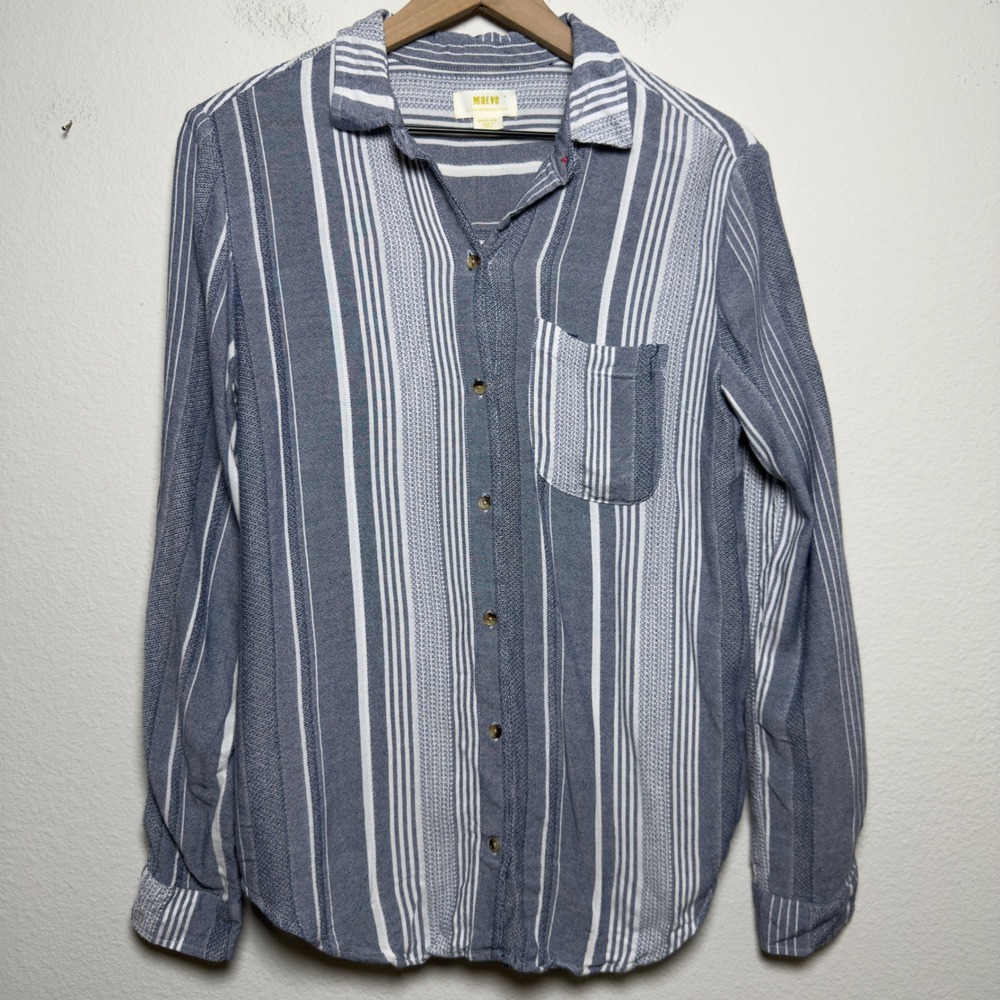 Maeve Women Button Down Shirt Medium Blue White Striped Long Sleeve Pocket